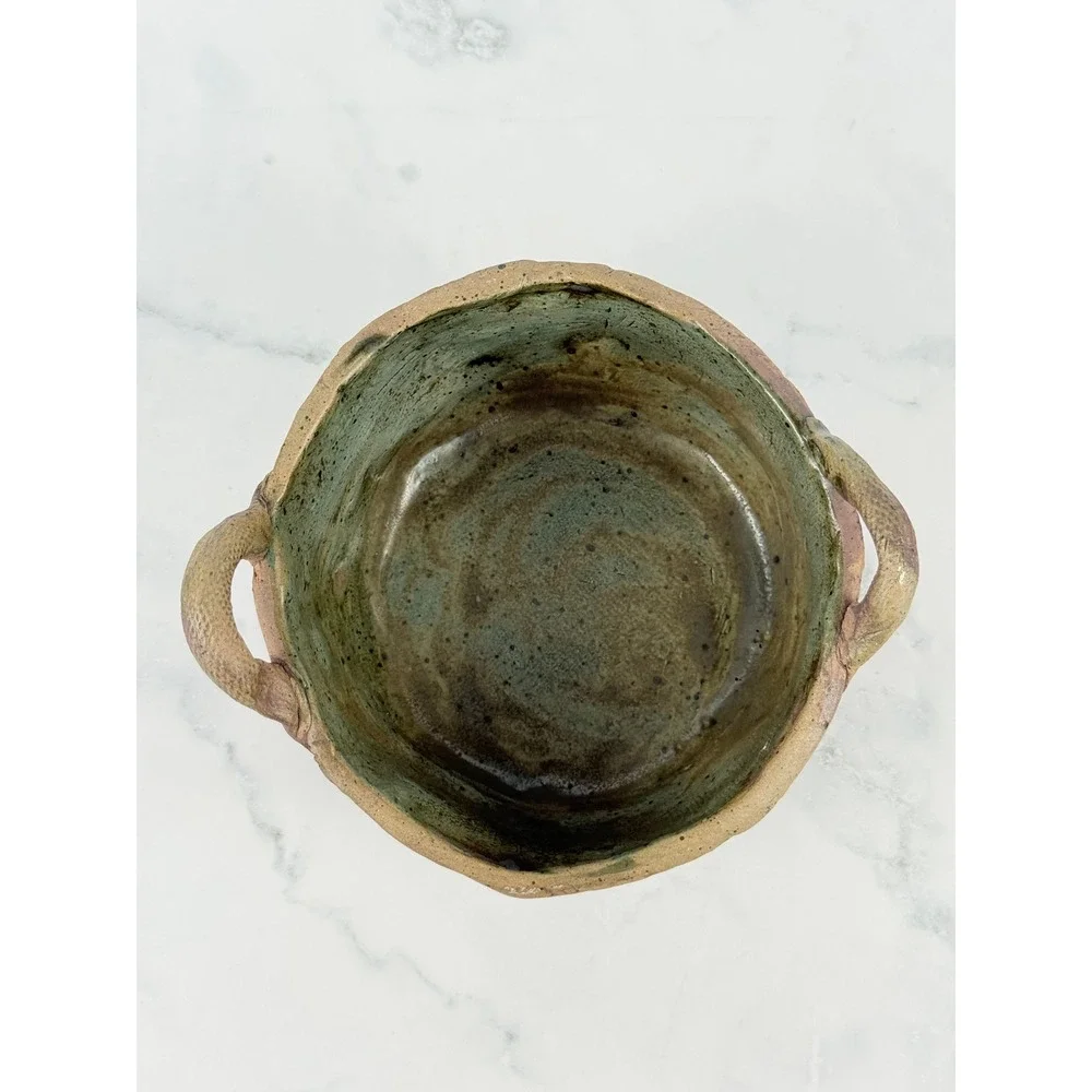 Handmade Studio Pottery Bowl with Handles and Scale Design - Signed!